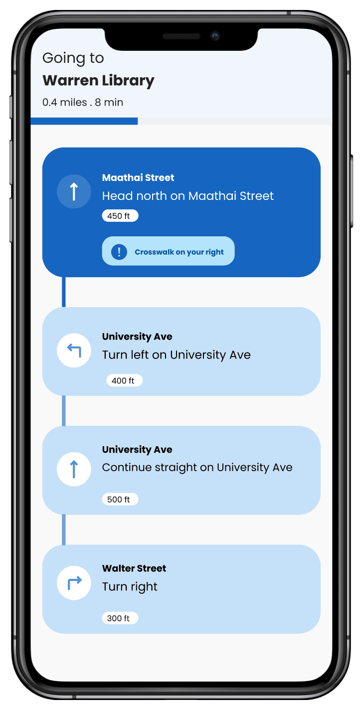 Navigation screen showing crosswalk alert and turn-by-turn directions