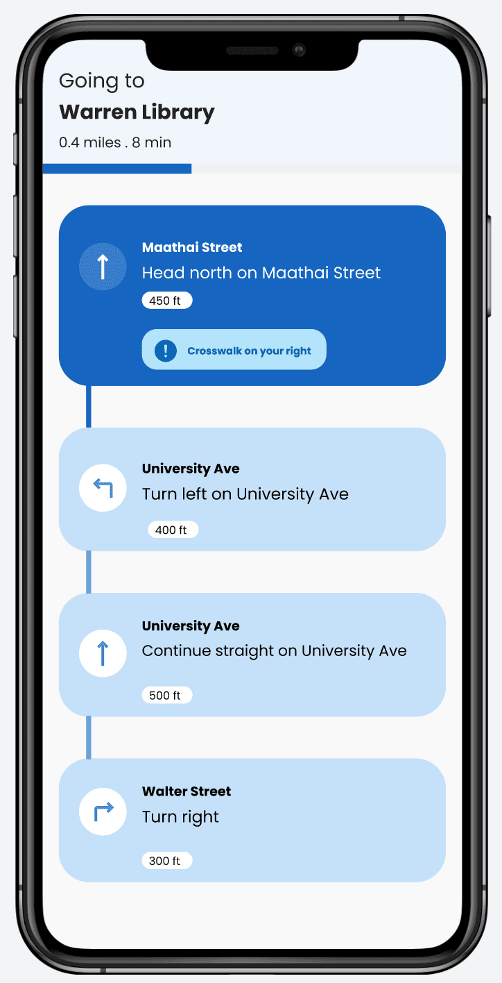Beacon mobile companion app showing turn-by-turn navigation to Warren Library