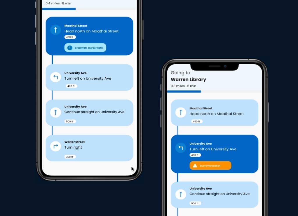 Beacon navigation app showing turn-by-turn directions and crosswalk alerts on two phone screens