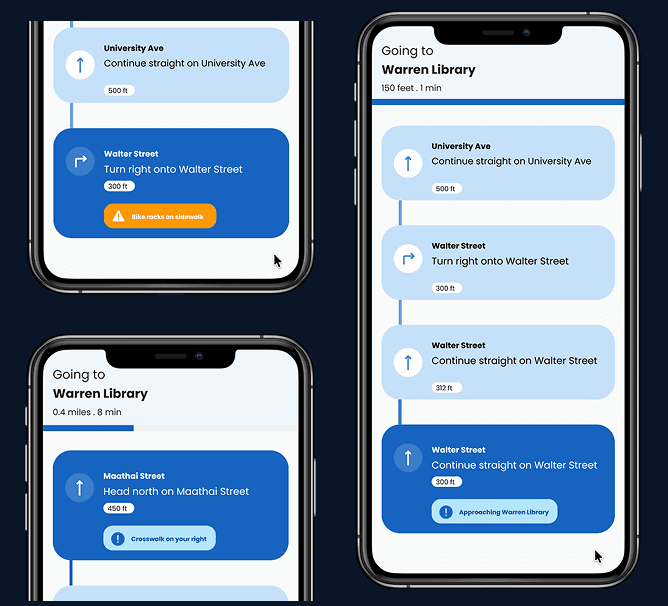 Beacon app navigation screens showing turn-by-turn directions to Warren Library with obstacle warnings