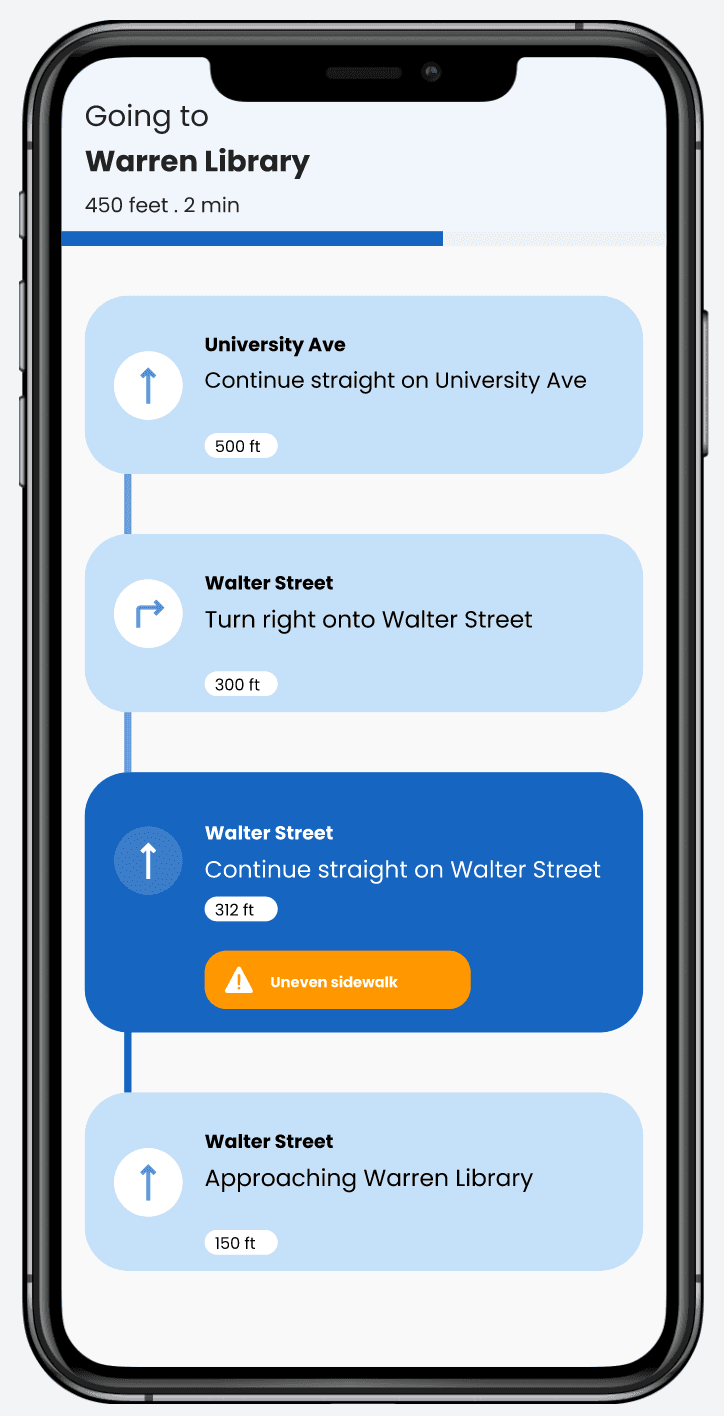 Beacon app showing uneven sidewalk warning alert