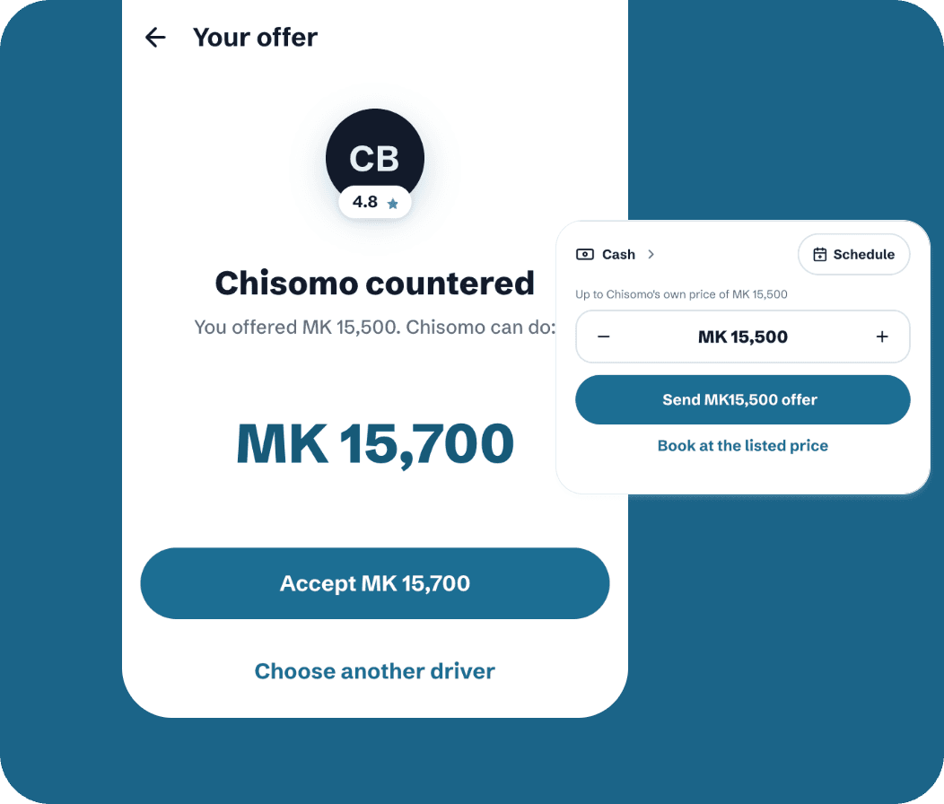 Swift fare negotiation screen showing a countered offer