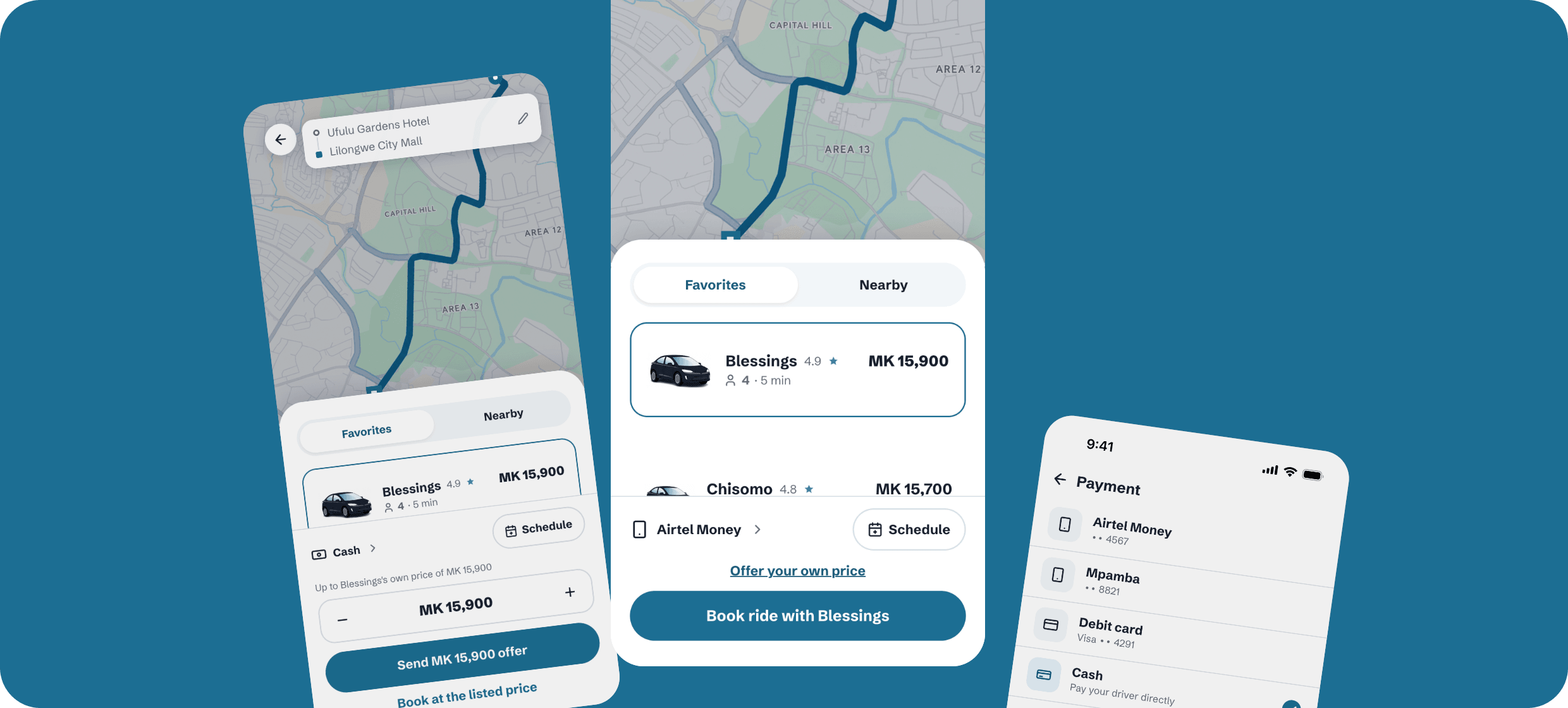 Swift app screens showing route planning, driver offers, and trip booking