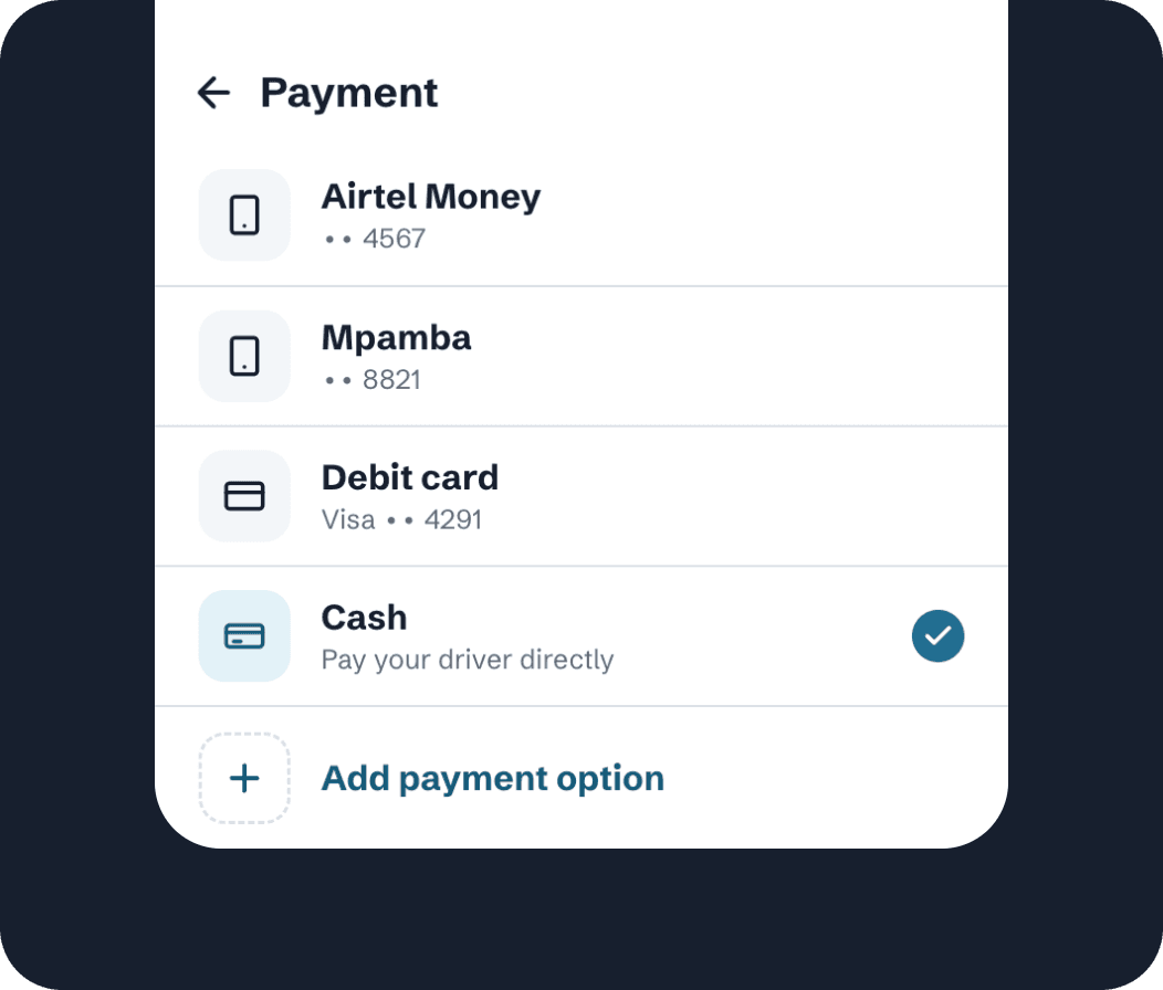 Swift payment method selection screen
